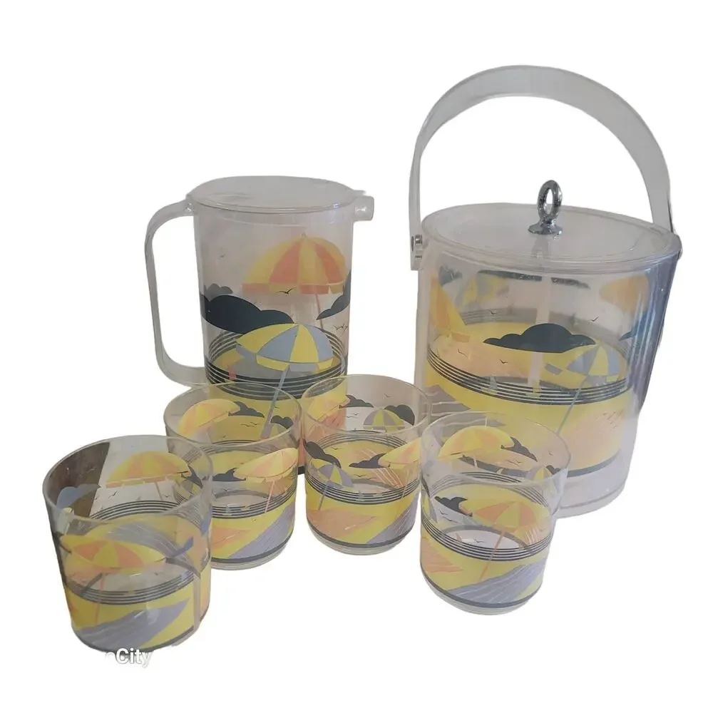 6 Pc. Vintage Acrylic Beach Coastal Drinkware Set Ice bucket pitcher 4 tumblers